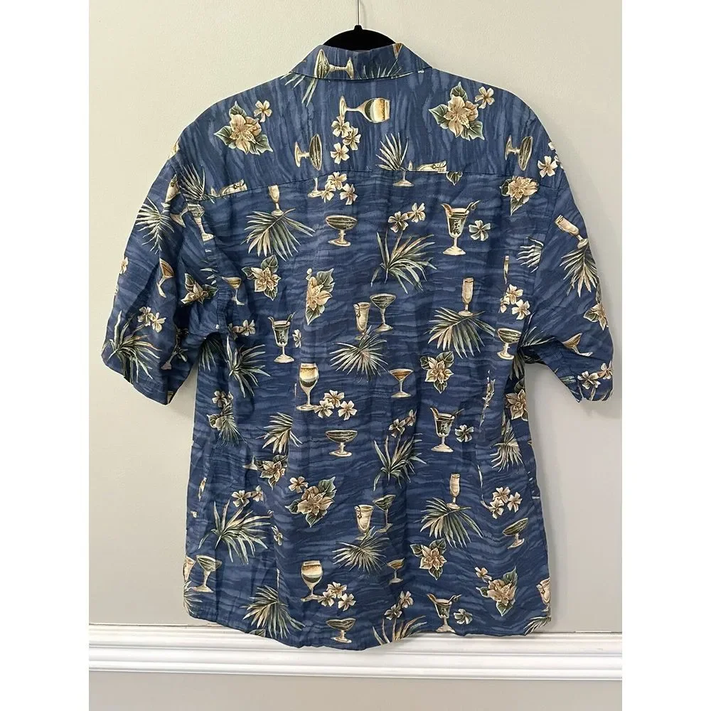 Vintage Campia Mens Short Sleeve Button Down Beach Flowers And Drinks Size L